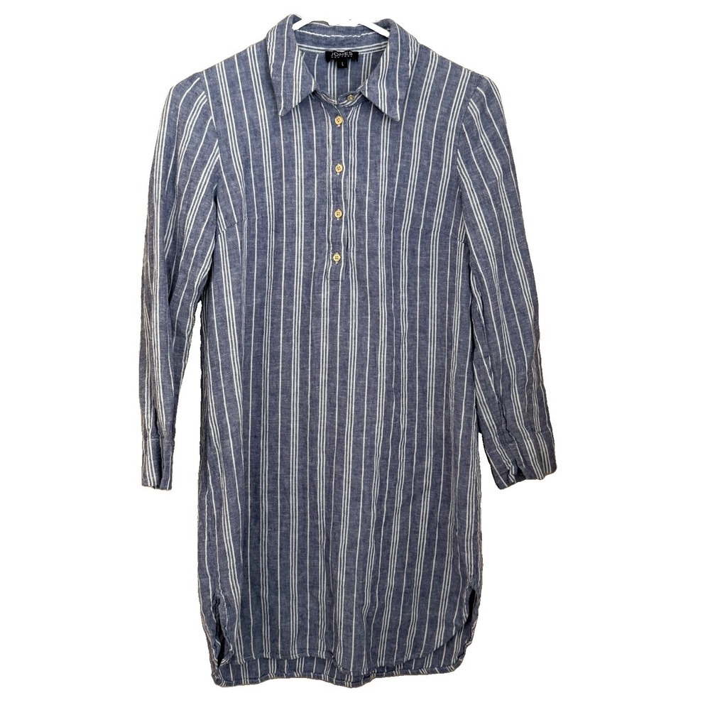 Jones NY Stripe Linen Blend Tunic Top Dress L Blue White Coastal Nautical Preppy